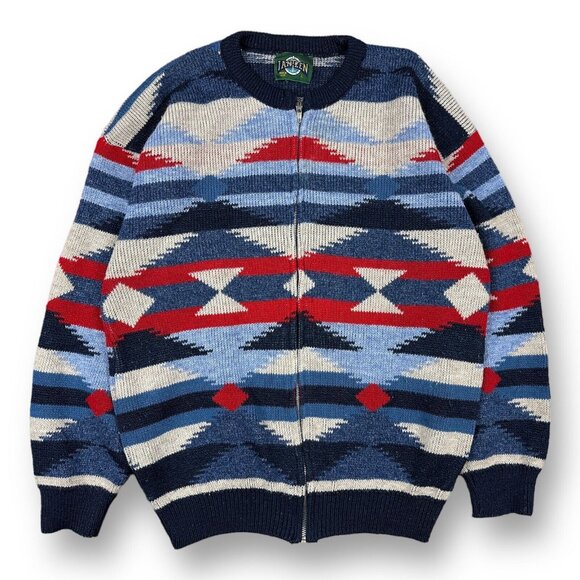 Vintage 90s Jantzen Full Zip Zig Zag Patterned Grunge Sweater Sports Large USA